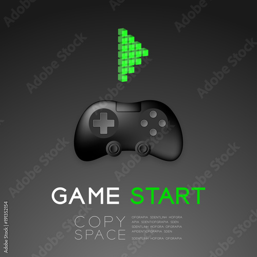 Gamepad or joypad black color and pixel play symbol, design illustration isolated on black gradient background, with copy space