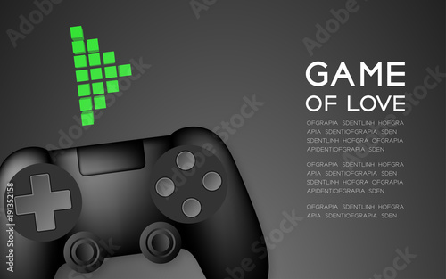 Gamepad or joypad black color and pixel play symbol, design illustration isolated on black gradient background, with copy space