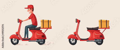 Fast and free delivery. Vector cartoon illustration. Food service. Retro scooter.