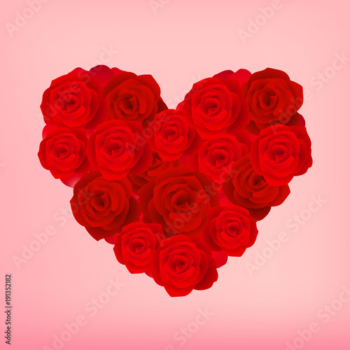 Red roses in heart shape arrangement vector illustration. Wedding and Valentine's Day Decoration.