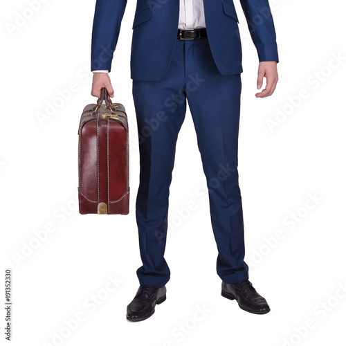Businessman holding suitcase in hand, half body, isolated over white background.