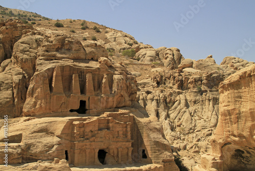 Ancient carved out buildings in Petra, Jordan