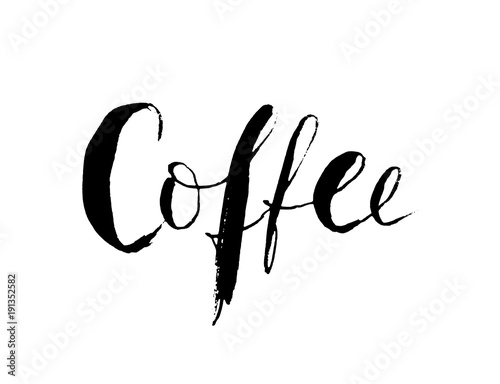 Coffee word. Hand drawn lettering. Vector black illustration Isolated on white background. Modern brush calligraphy. 