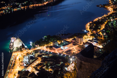 Port and Old Town of Kotor with Boats and Cruise Ship Seen from Lookout at Night, Montenegro