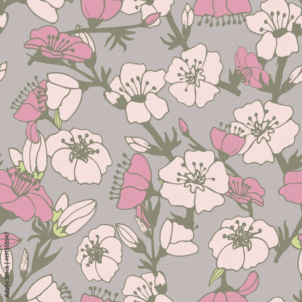 Cute flower seamless pattern with white and pink apple tree colors. Cute flower seamless pattern with white and pink apple tree colors.