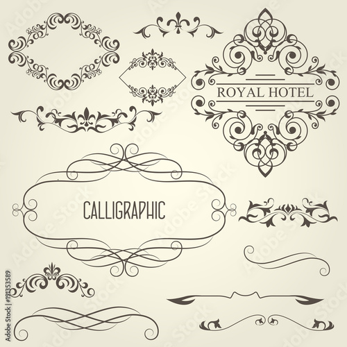 Vintage calligraphic frames with vignettes and ornamental dividers