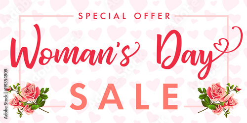Happy Womens day rose flower and hearts Sale banner. Sale Women`s Day greeting card template with typography text happy womens day on pink hearts background. Vector illustration
