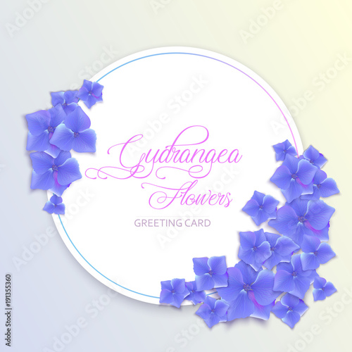 Vector banners with hydrangea flowers on white background. Floral design for cosmetics, perfume, beauty care products. Can be used as greeting card, wedding illustration
