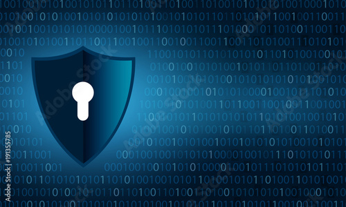 Binary shield Cyber security and data privacy protection shield and lock over binary digits background