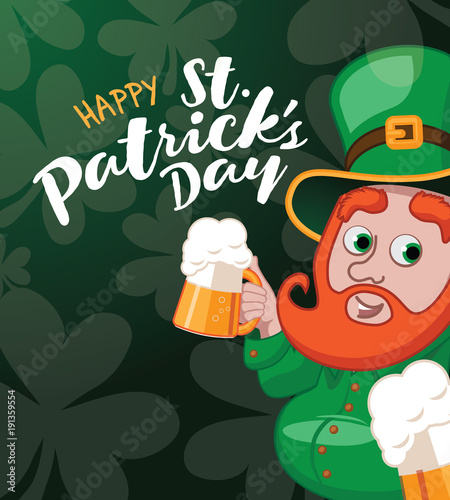 Saint Patricks Day background with cute cartoon leprechaun holding two beers. Bunting, shamrocks and copy space. EPS10 vector illustration.