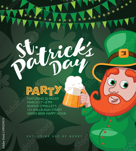 Saint Patricks Day background with cute cartoon leprechaun holding two beers. Bunting, shamrocks and copy space. EPS10 vector illustration.