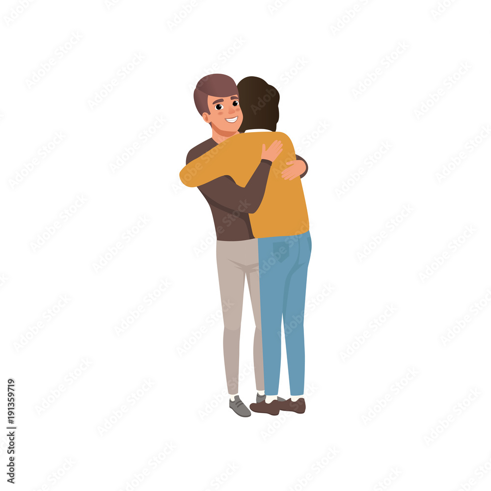 Couple of young men standing together and hugging, close friends embracing and smiling vector Illustration