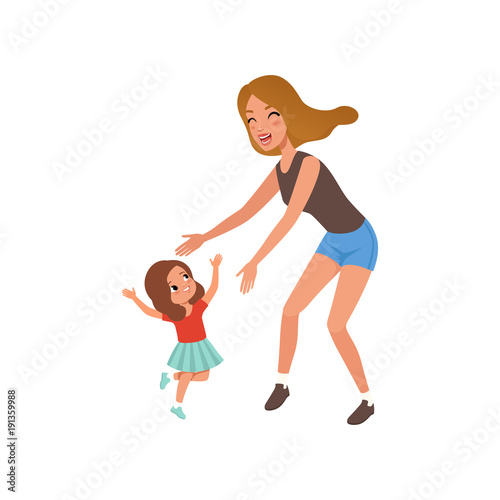 Cite smiling girl running towards her mother, happy mom and her daughter vector Illustration
