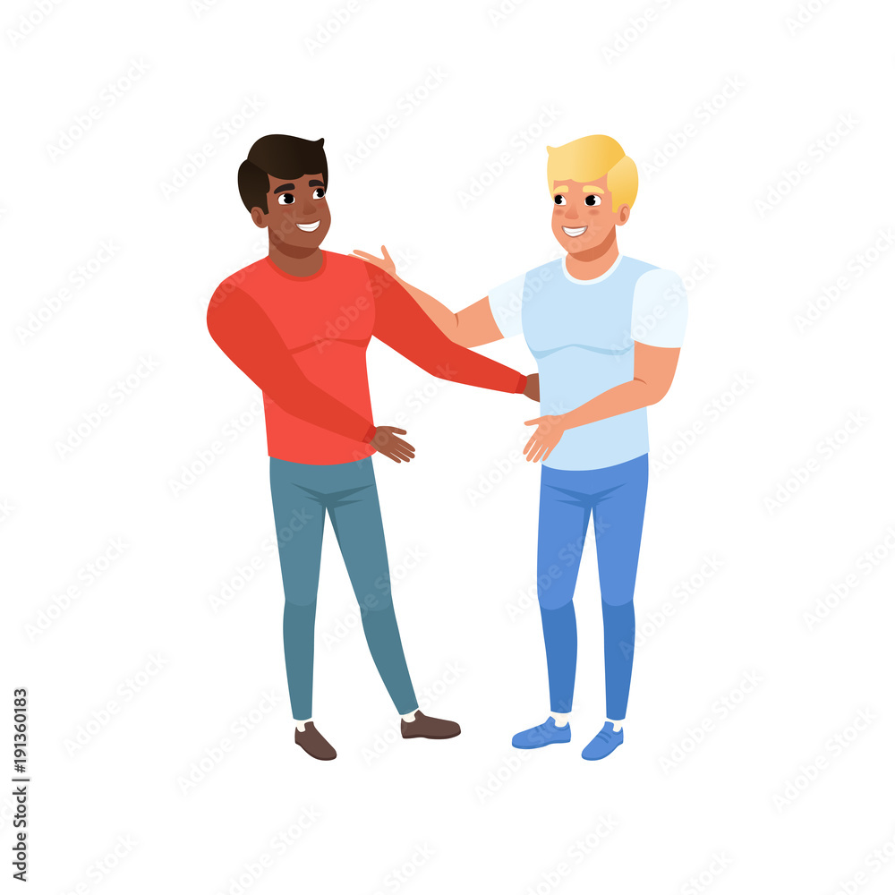 Smiling young men friends looking at each other and embracing, happy couple vector Illustration Smiling young men friends looking at each other and embracing, happy couple vector Illustration