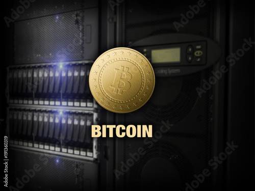 Bitcoin, litecoin ethereum on PC in the server room, golden coins, copy space, datacenter. Business concept: cryptocurrency fever.