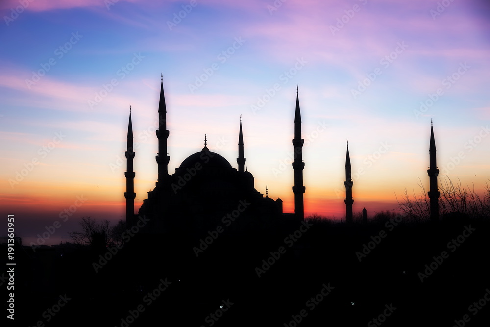 Istanbul, Turkey. Sultan Ahmet Camii named Blue Mosque turkish islamic landmark with six minarets, main attraction of the city.