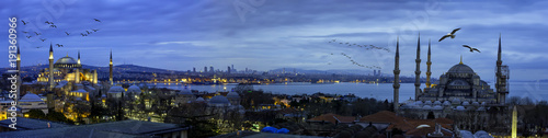 Leinwand Poster Istanbul panoromic photo, The Hagia Sophia and Blue Mosque , sultanahmet square,