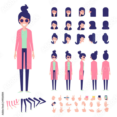  Front, side, back view animated character. Fashion girl character creation set with various views, hairstyles, poses and gestures. Cartoon style, flat vector illustration