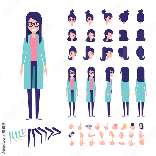  Front, side, back view animated character. Fashion girl character creation set with various views, hairstyles, poses and gestures. Cartoon style, flat vector illustration