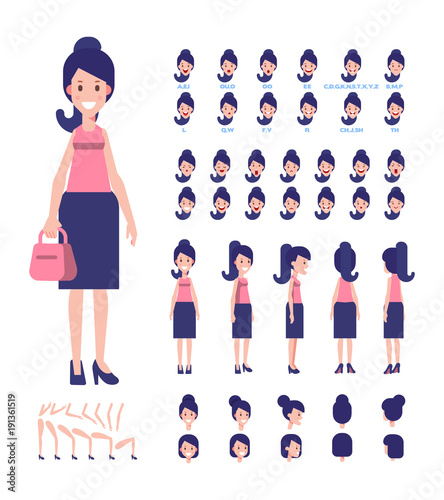 Business lady character for your scenes. Character creation set with various views, face emotions, lip sync, poses and gestures. Parts of body template for design work and animation.