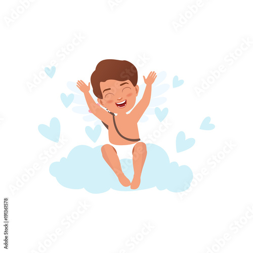 Baby Cupid character sitting on a cloud surrounded by hearts, Happy Valentines Day concept vector Illustration