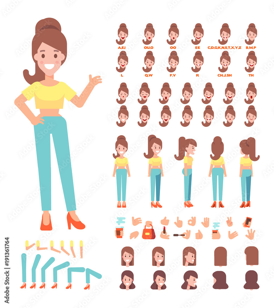 Front, side, back view animated character. Woman character creation set  with various views, hairstyles, face emotions, poses and gestures. Cartoon  style, flat vector Stock Vector | Adobe Stock