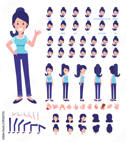 Front, side, back view animated character. Woman character creation set with various views, hairstyles, face emotions, poses and gestures. Cartoon style, flat vector 