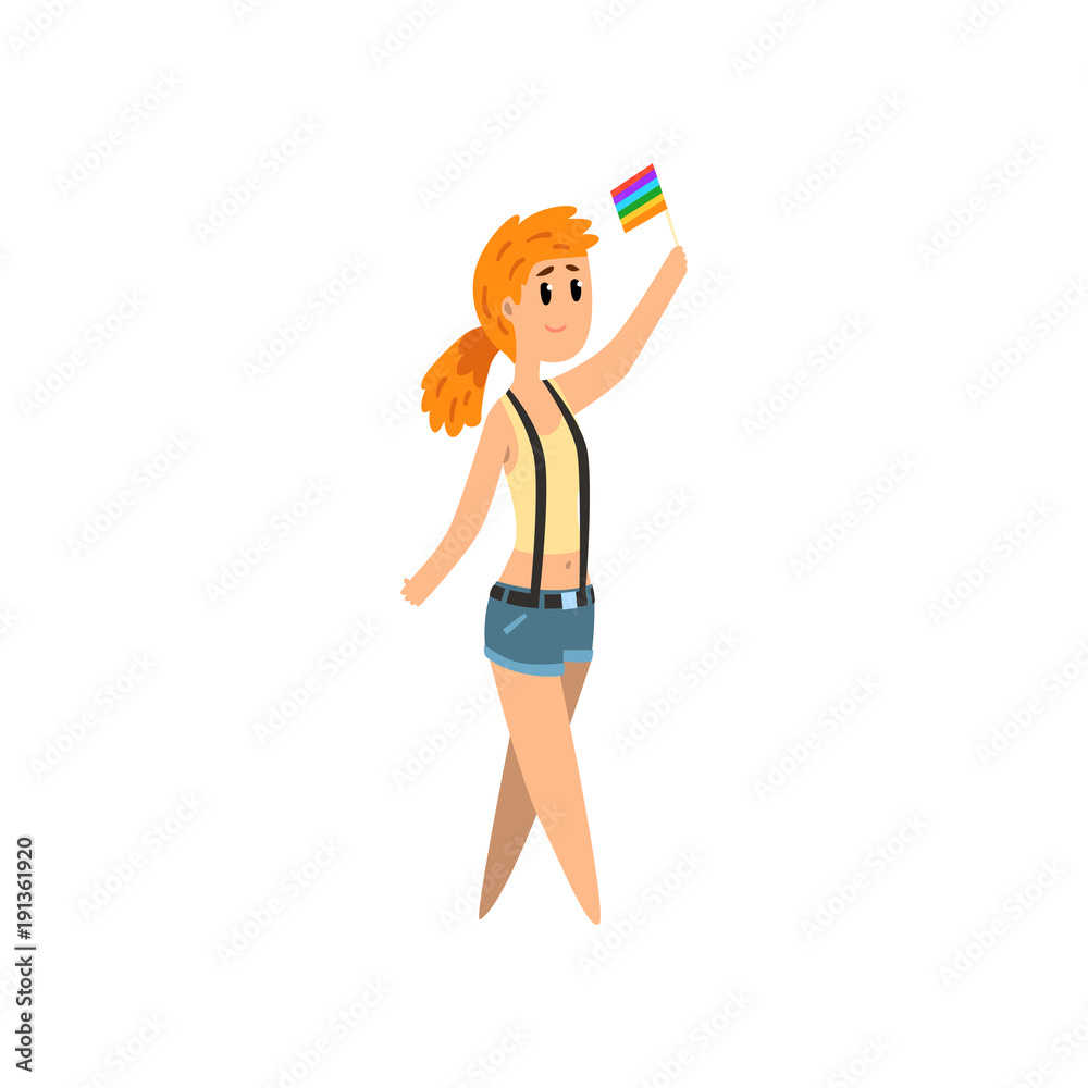 Young woman holding rainbow flag, lgbt pride concept cartoon vector Illustration