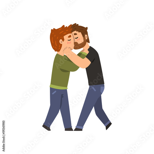 Couple of gay men embracing and kissing, lgbt men in love cartoon vector Illustration