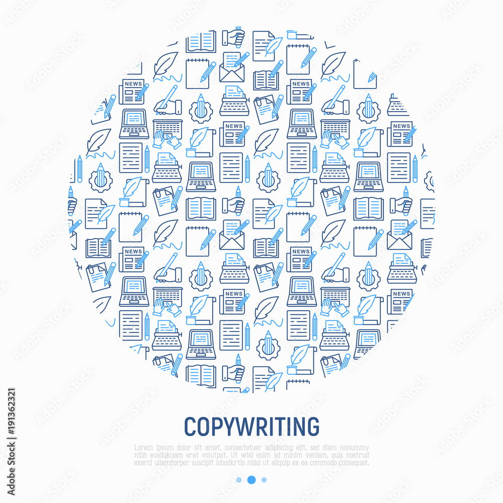 Copywriting concept in circle with thin line icons: letter, e-mail, book, blogging, hand with pen, feather, typewriter, article, seo. Modern vector illustration for web page template, banner.