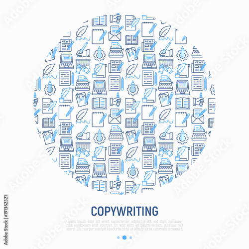 Copywriting concept in circle with thin line icons: letter, e-mail, book, blogging, hand with pen, feather, typewriter, article, seo. Modern vector illustration for web page template, banner.