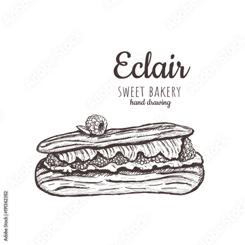 Eclair sketch. Eclair with raspberries. 