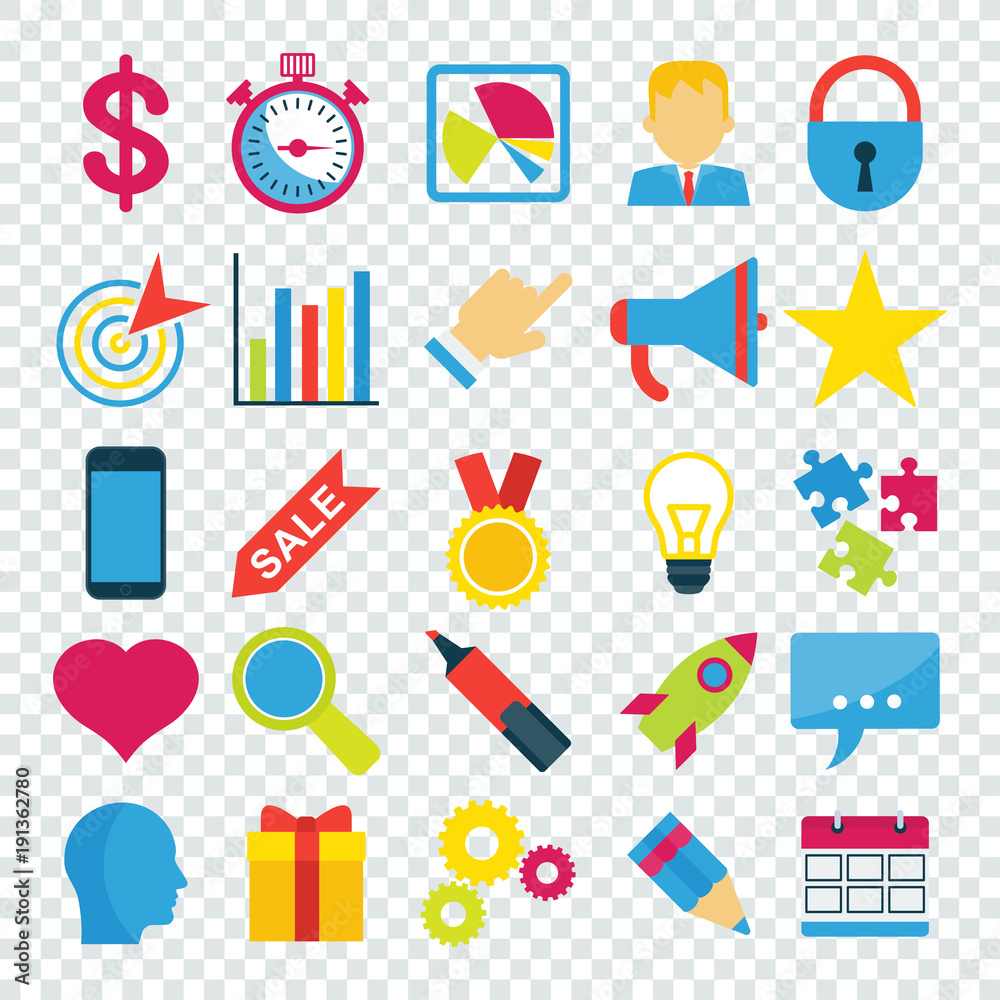Business icons set on transparent. Flat vector cartoon illustration. Objects isolated on white background.