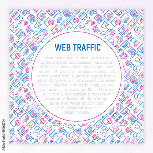 Web traffic concept with thin line icons: SEO technology, data exchange, sync, click, mobile backup, traffic speed, sales growth. Modern vector illustration for banner, print media, web page.
