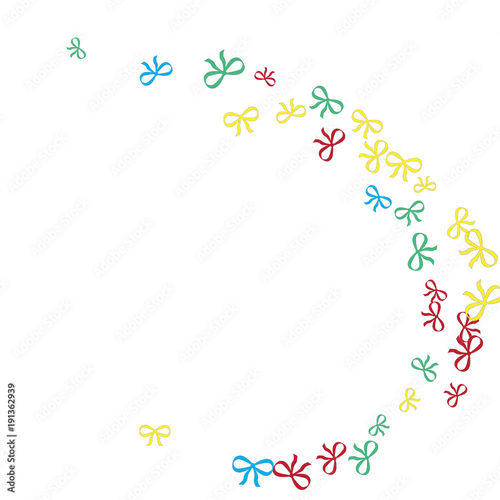 Festive Background with Colorful Bows. Cute Pattern for Postcard, Print, Banner or Poster. Small Pretty Bows For Party Decoration, Wedding, Birthday or Anniversary Invitation. Vector
