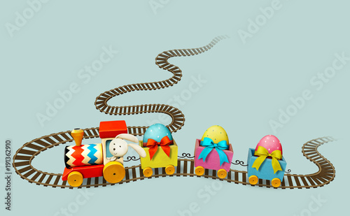 Isolated from background Easter Train on  railroad and Easter Eggs. 
