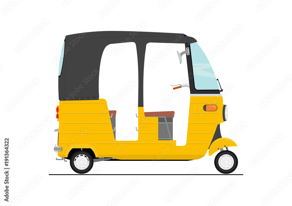 Flat vector exotic cartoon three wheeler tuk tuk rickshaw. Side view of transport vehicle.