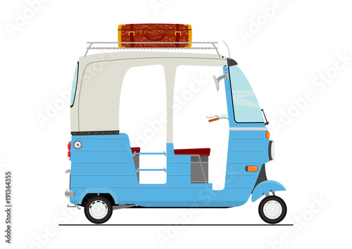 Flat vector exotic cartoon three wheeler tuk tuk rickshaw. Side view of transport vehicle.