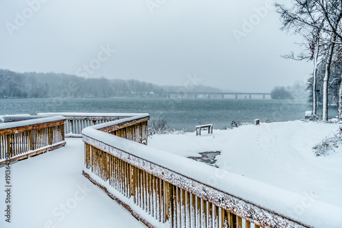 snow covered landscapes in belmont north carolina along catawba river photo