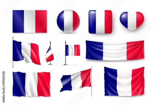 Set France flags, banners, banners, symbols, flat icon. Vector illustration of collection of national symbols on various objects and state signs