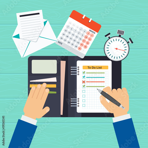 To do list concept. Hands of businessman mark fulfillment of tasks. Daily routine and planning, time management flat vector cartoon illustration. Objects isolated on background.
