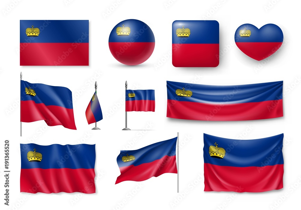 Set Liechtenstein flags, banners, banners, symbols, flat icon. Vector illustration of collection of national symbols on various objects and state signs Set Liechtenstein flags, banners, banners, symbols, flat icon. Vector illustration of collection of national symbols on various objects and state signs