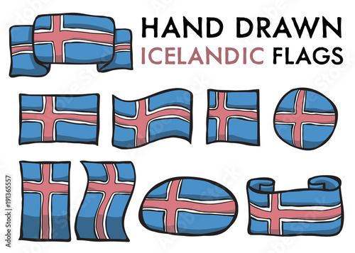 Set of Icelandic Hand Drawn / Doodled National Flags. High-Quality Vector Illustration. Grouped, Ready To Use!