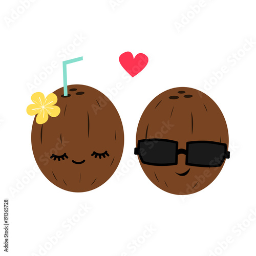 cute cartoon coconut couple in love vector illustration