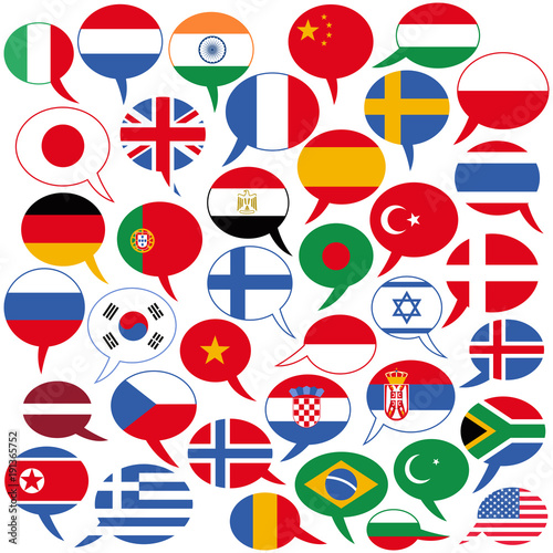 Vector illustration of several speech balloons with flags, different languages English, German, Italian, French, Polish, Spanish, Arabic, Hindi