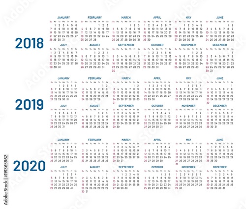 Three years calendar, 2018, 2019, 2020, isolated, flat. Compound planner with blue letters and numbers on a white background. Vector illustration