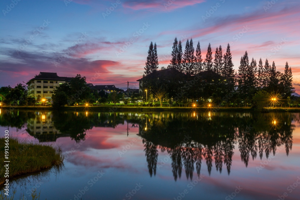 Colorful of building and trees with water reflection
