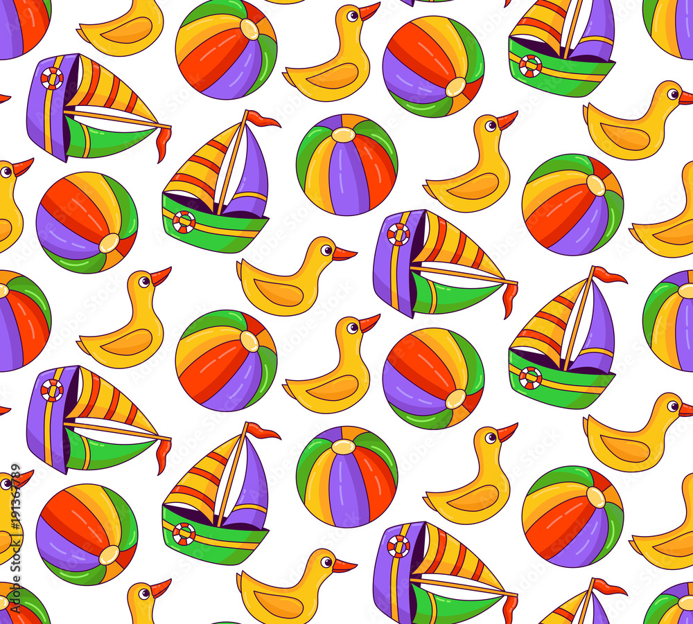 Beach toys duck ball and boat doodle colorful seamless vector pattern