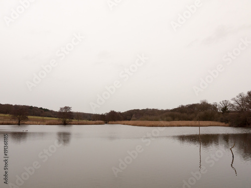 bleak cold white sky winter lake serene country landscape depressing