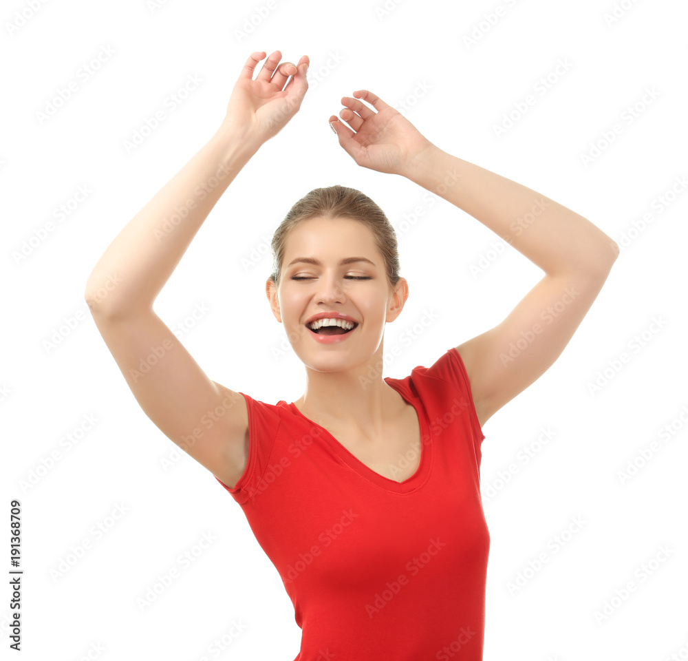 Fototapeta premium Portrait of beautiful smiling woman on white background